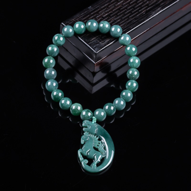 Bracelets - 天然翡翠ブルーウォーター干支馬ビーズ手編みブレスレット高級ジュエリーファッションジュエリーチャームギフト券