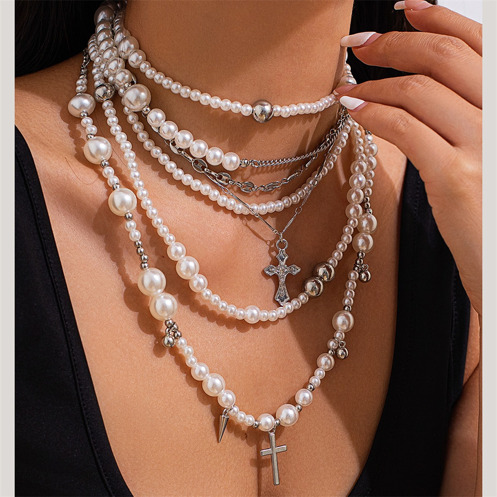 Layered Pendant Necklace Aesthetic - 多層模造パールビーズチェーンネックレス女性のファッションクロスペンダントネックレス美的ヴィンテージ高級ジュエリーギフト
