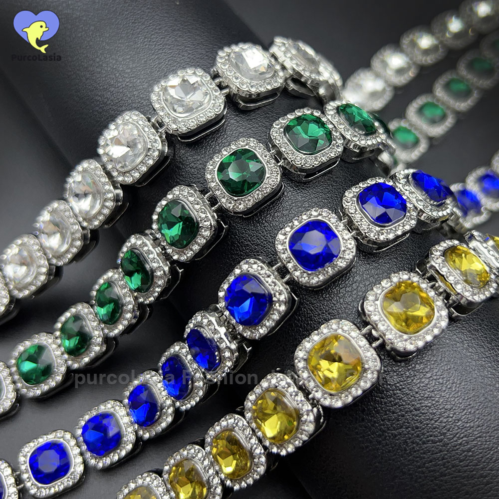 Cuban Link Chain 12Mm - ブリリアントマルチカラーアイスアウトブレスレット男性女性 12 ミリメートルテニスチェーンヒップホップキューバネックレススクエアラインストーンガラスジュエリー