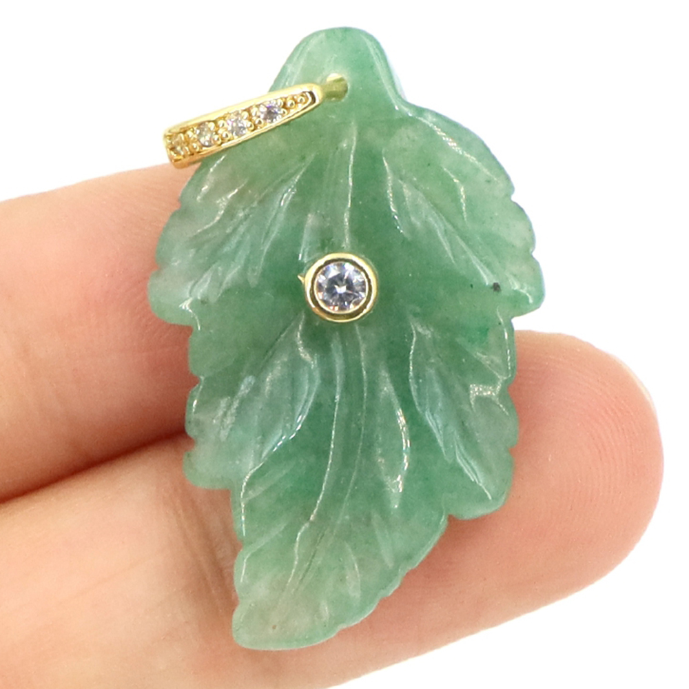Crystal Pendant Necklace Natural Stone - 天然石リーフペンダントヒーリングクリスタルジルコン付き手彫り宝石チャームネックレスジュエリー作成DIYアクセサリー用