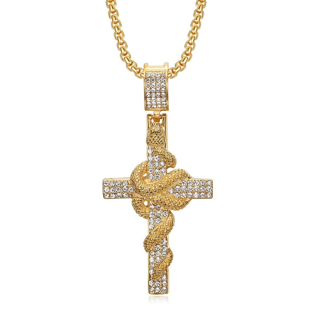 Cross Pendant Necklace Gold - ヘビ模様の彫刻が施されたステンレス鋼のクロスペンダントネックレス男性用すべての輝くジルコンダイヤモンドジュエリートレンディなクールなアクセサリー