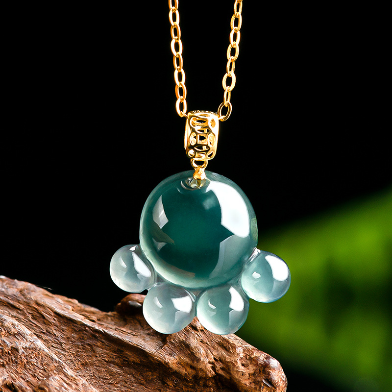 Necklaces - 天然本物のエメラルドブルーウォータージェイド猫の足ペンダントネックレス彫刻翡翠ジュエリーファッションお守りギフト証明書女性