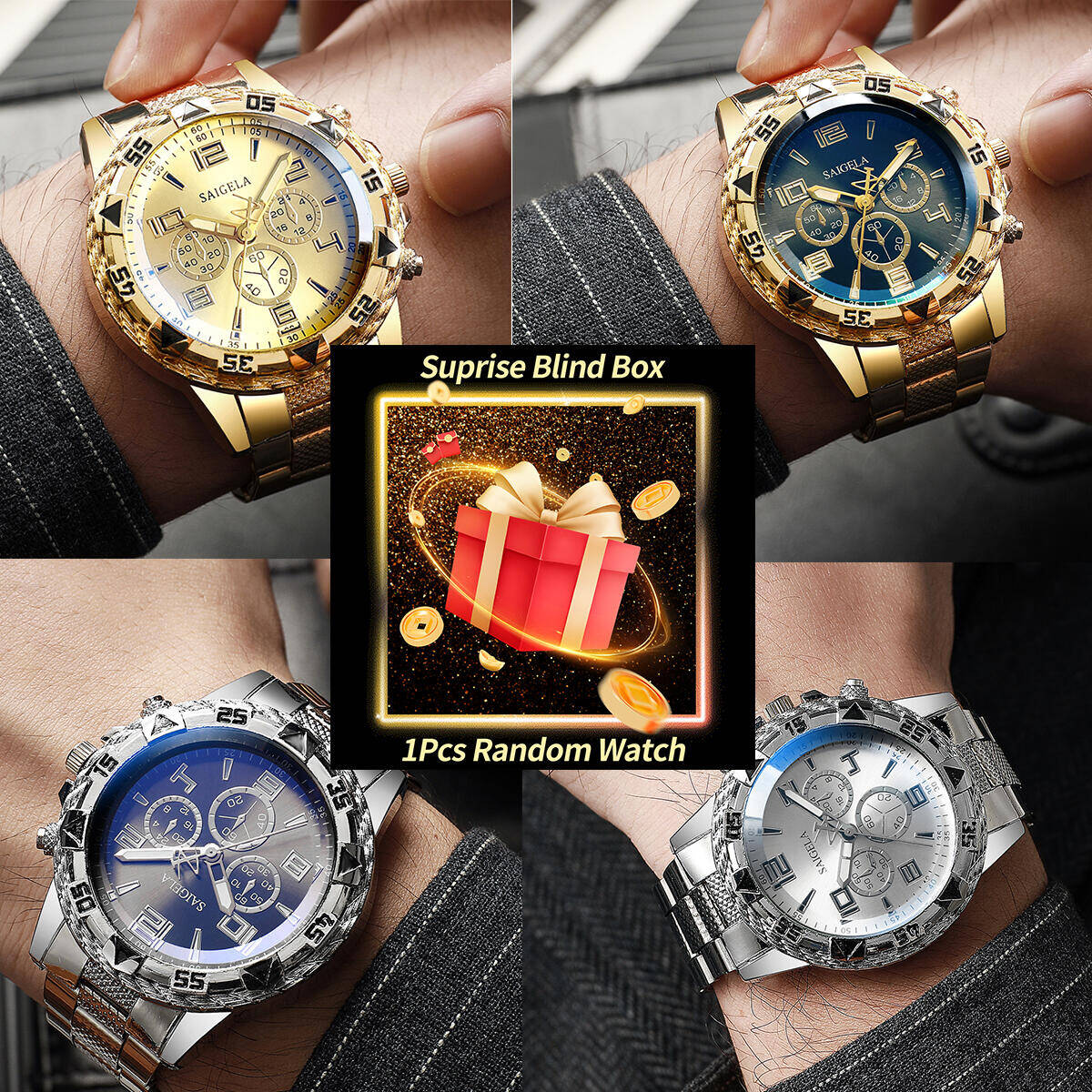 Watch Accessories - 1PC サプライズミステリー腕時計ブラインドボックス-メンズビジネス腕時計ファッションアラビアダイヤルスチールバンド男性のクォーツ時計リロイ Hombre