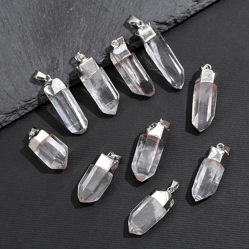 Crystal Pendant Necklace Natural Stone - 天然クリアクォーツクリスタルペンダント、電気メッキ研磨済み原石、エネルギー・ヒーリングポイントチャーム、DIYジュエリー製作ネックレス用