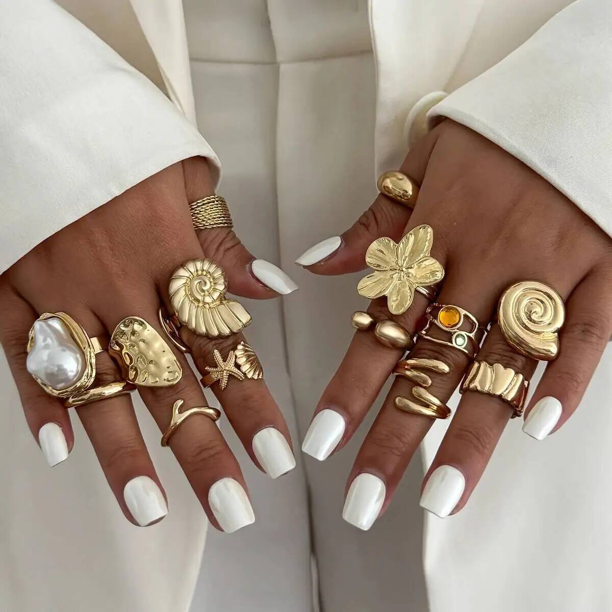 Vintage Punk Knuckle Rings Set - IngeSight.Z 14 ピース/セットヒップホップクリエイティブフラワーコンチリング女性男性パンクゴールドカラーイミテーションパールナックルジョイントリングジュエリー