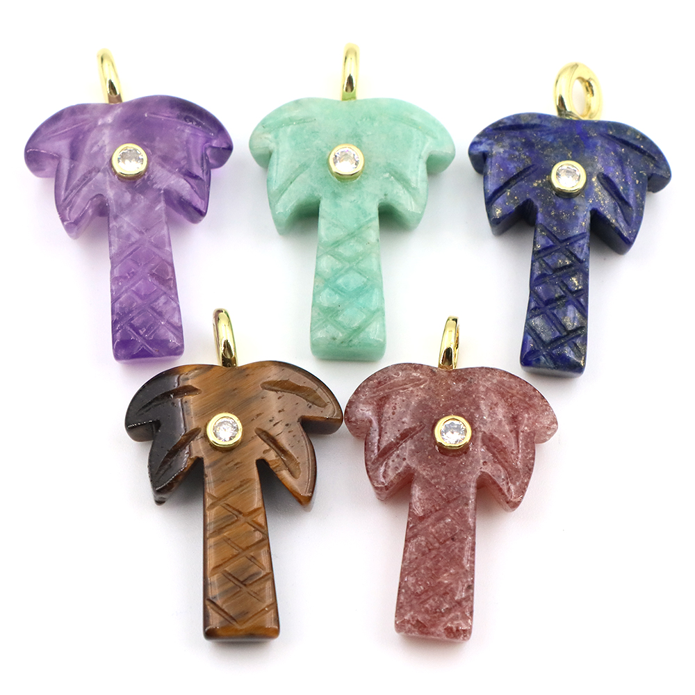 Crystal Pendant Necklace Natural Stone - 30mm天然石ココナッツツリーペンダント、ホワイトジルコンクリスタル付き彫刻入りヤシの木チャーム、ジュエリー製作DIY、高級ネックレス用