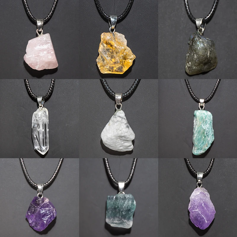 Crystal Pendant Necklace Natural Stone - 天然アメジストフラワーネックレスレイキヒーリングストーン不規則な形のジュエリー DIY ギフト調節可能なチョーカーラッキーペンダント女性のための