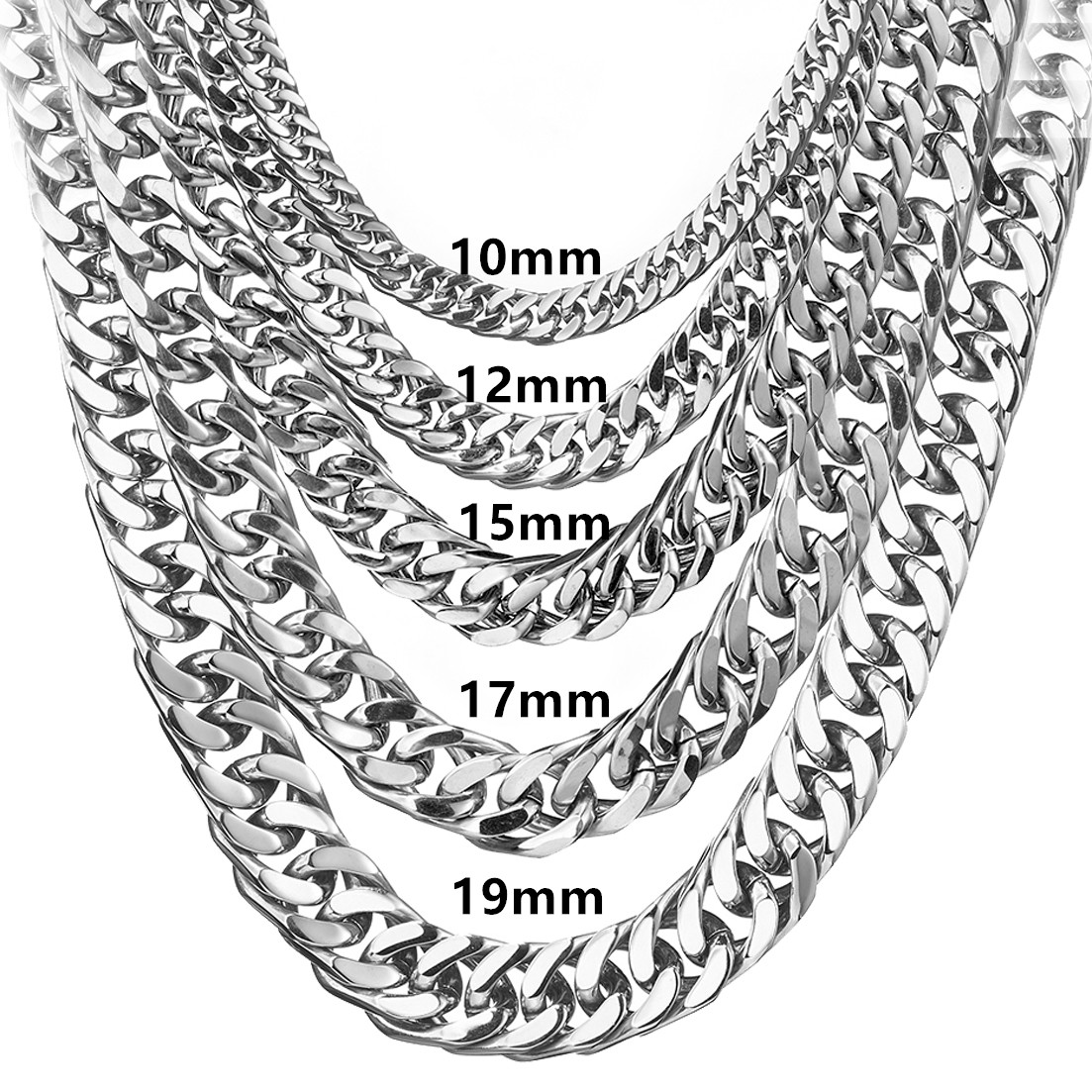 Cuban Link Chain 12Mm - 男性用ステンレススチールチェーンネックレス,シルバーカラーの滑らかなジュエリー8mm-19mm