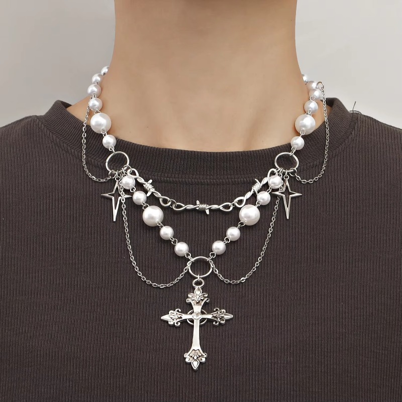 パンククロスペンダントネックレスゴシッククロス層状チェーン模 - Pearl Choker Necklace Vintage のレビューと価格