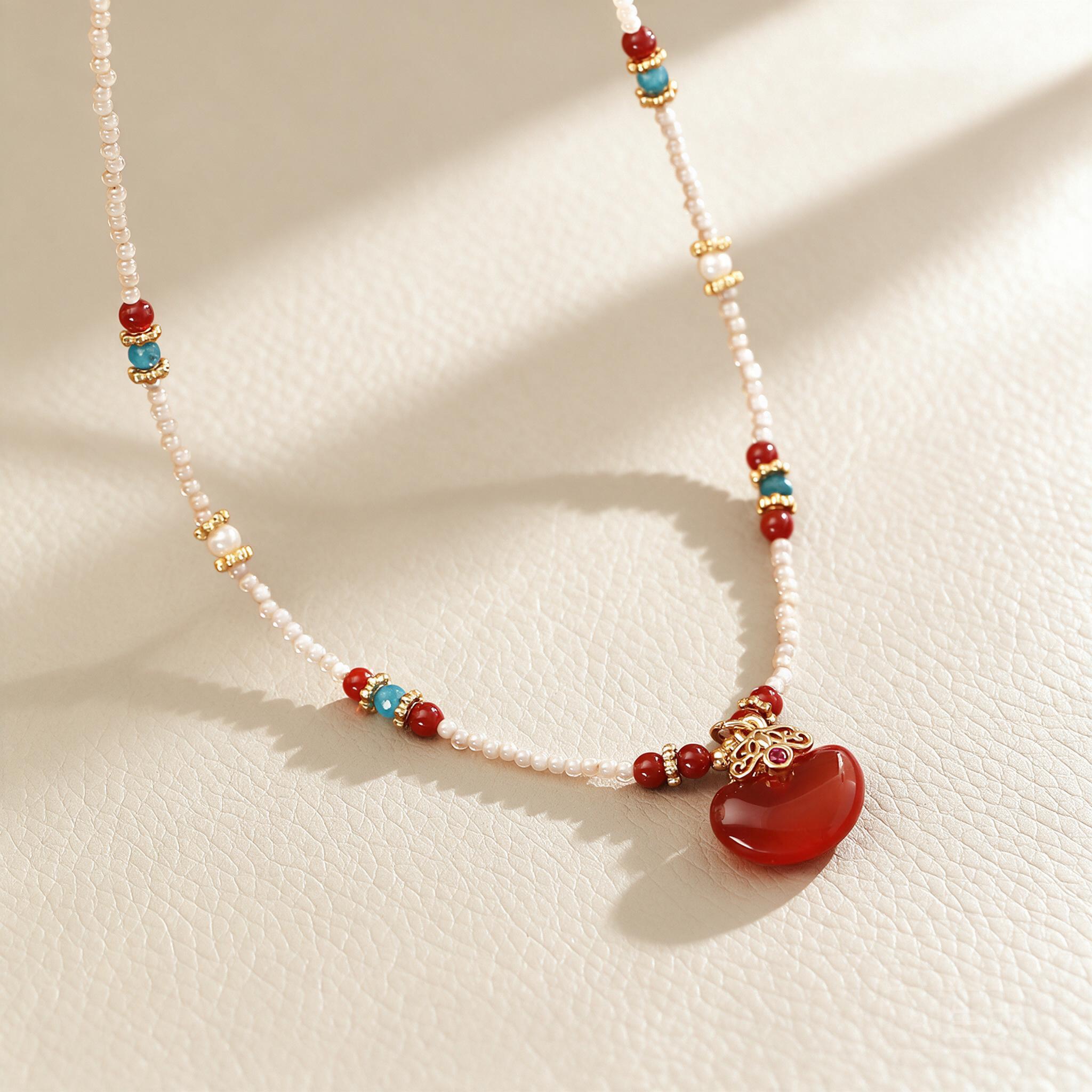新作中国風、天然赤瑪瑙とアカシアビーズを使用したペンダントネ - Pearl Choker Necklace Vintage のレビューと価格