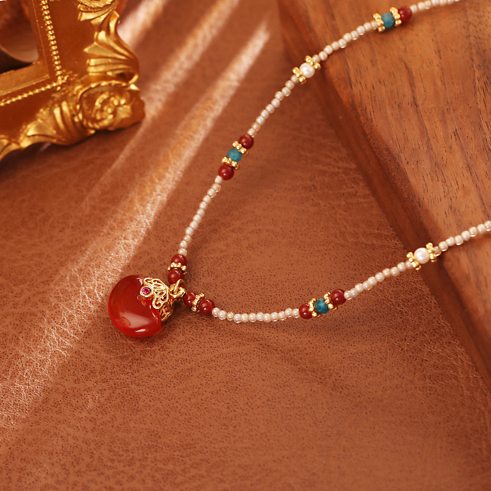 新作中国風、天然赤瑪瑙とアカシアビーズを使用したペンダントネ - Pearl Choker Necklace Vintage のレビューと価格