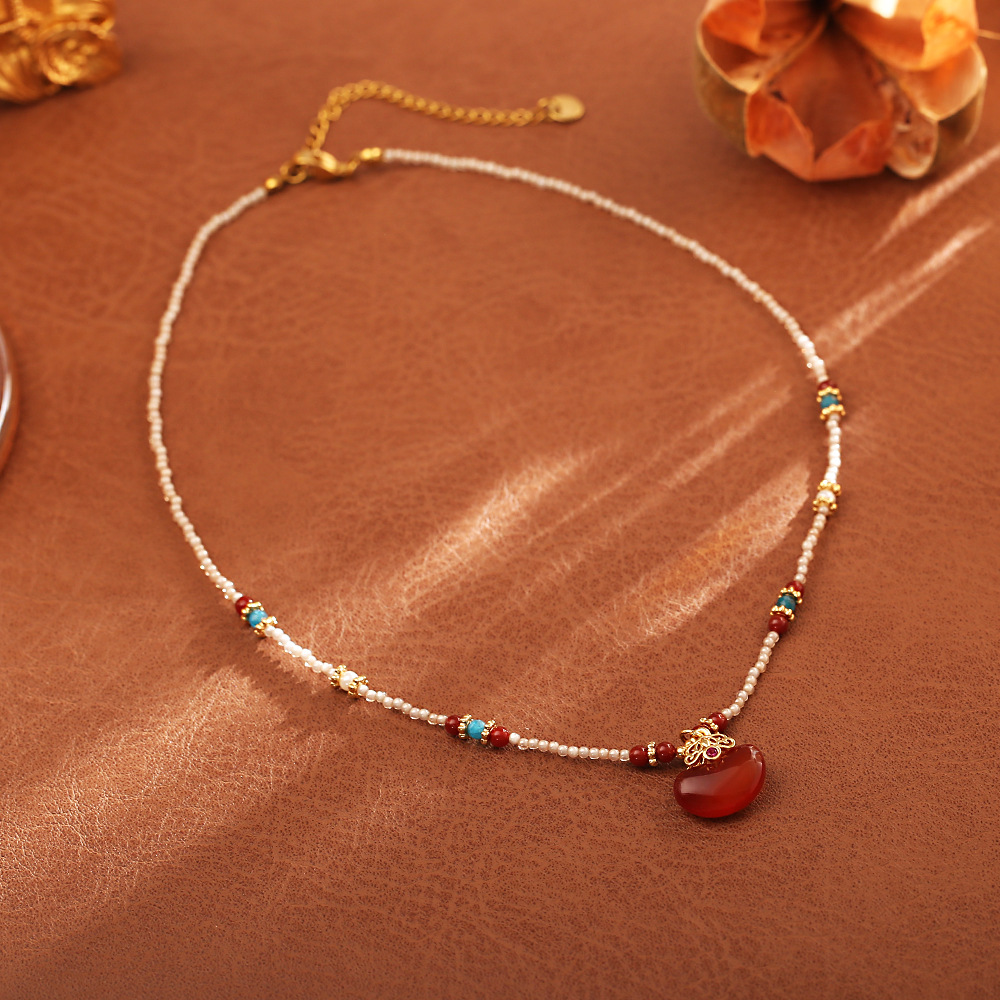 新作中国風、天然赤瑪瑙とアカシアビーズを使用したペンダントネ - Pearl Choker Necklace Vintage のレビューと価格