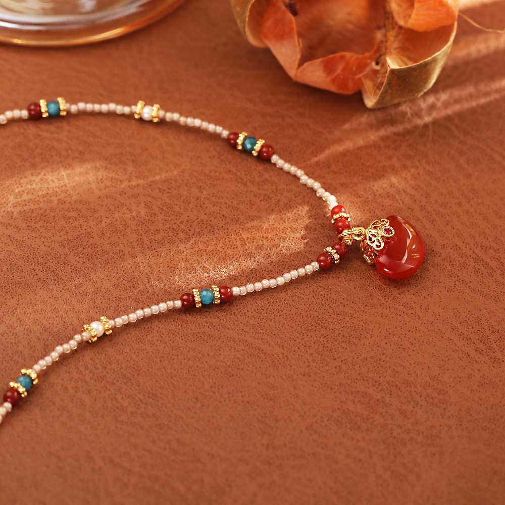 新作中国風、天然赤瑪瑙とアカシアビーズを使用したペンダントネ - Pearl Choker Necklace Vintage のレビューと価格