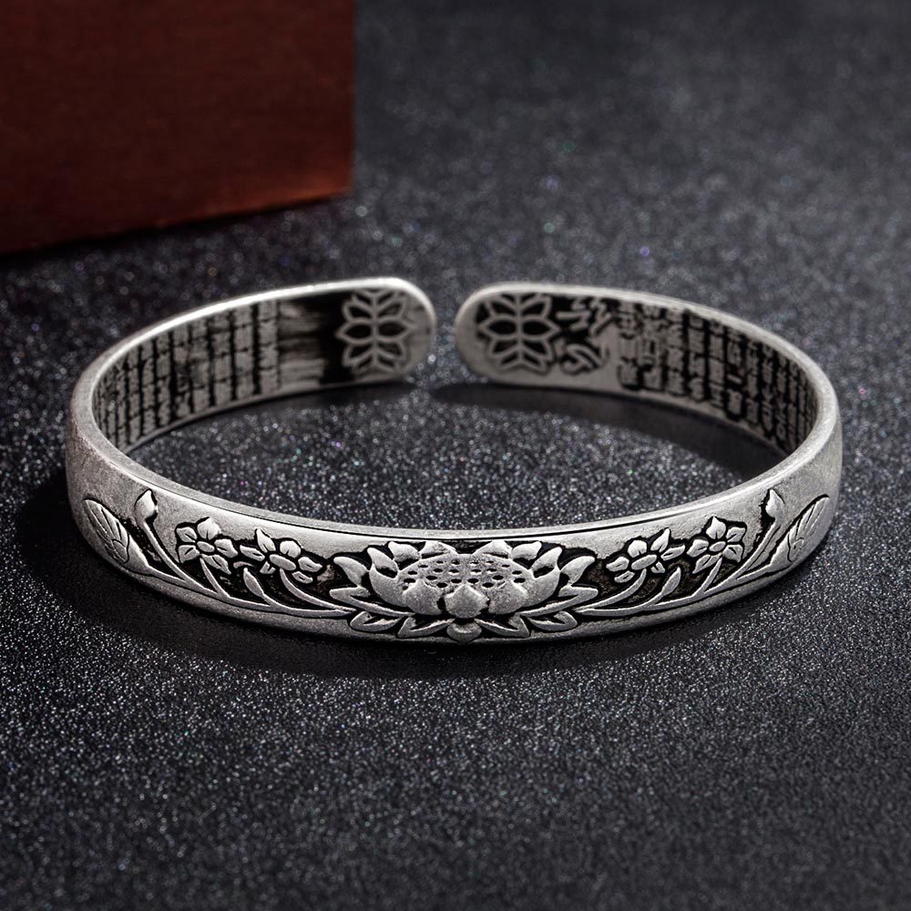 925 スターリングシルバー彫刻蓮の花オープンブレスレットバ - Bracelets のレビューと価格