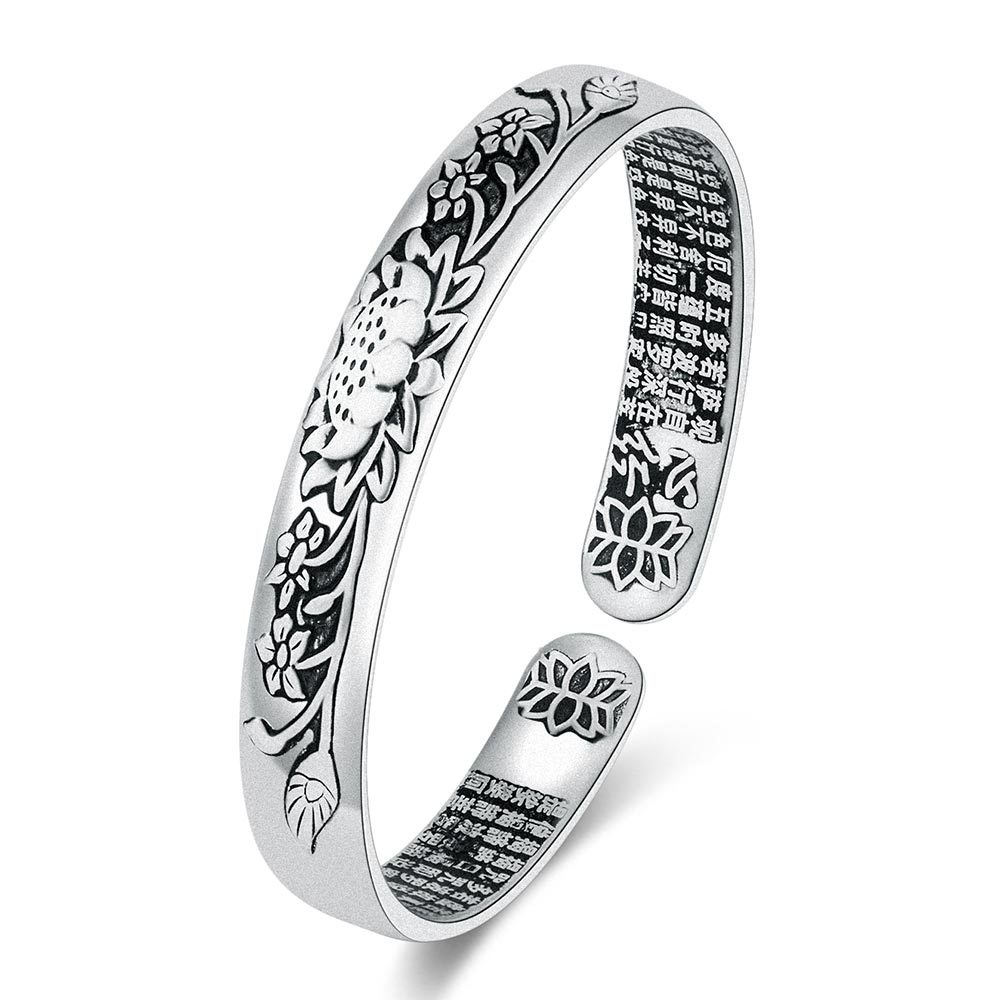 925 スターリングシルバー彫刻蓮の花オープンブレスレットバ - Bracelets のレビューと価格