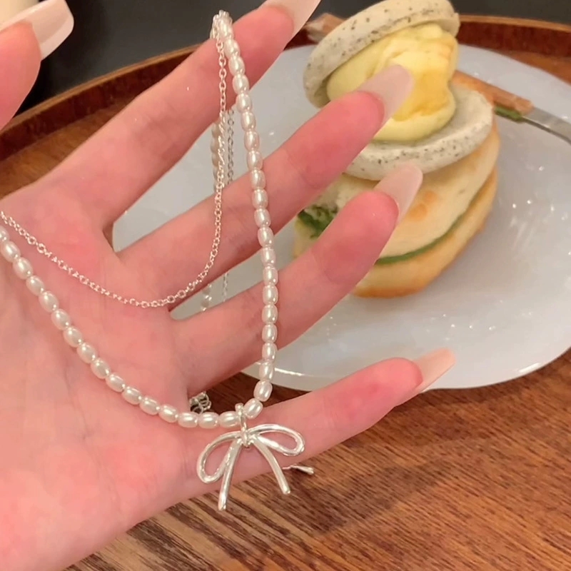 ファッションヴィンテージちょう結びペンダントパールビーズ二層 - Layered Pendant Necklace Aesthetic のレビューと価格