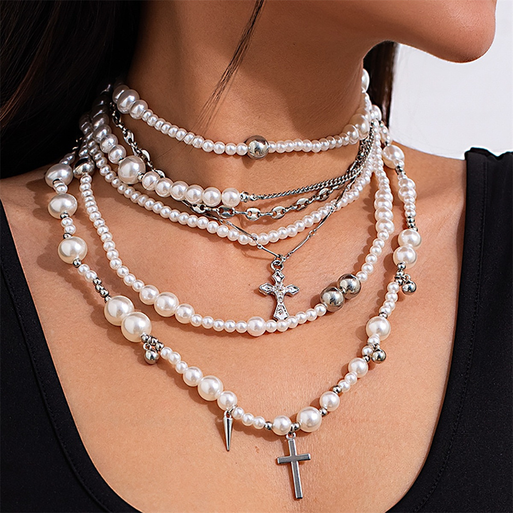 多層模造パールビーズチェーンネックレス女性のファッションクロ - Layered Pendant Necklace Aesthetic のレビューと価格
