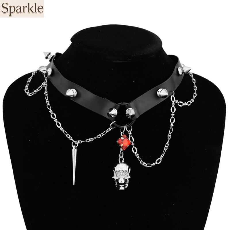 ダークスカルレザーチョーカー、Y2Kヘビーデューティーパンク - Goth Punk Spike Choker のレビューと価格