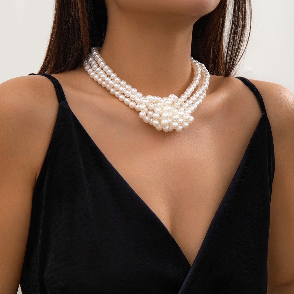 ファッションレトロ黒白ステッチノット多層模造パールビーズネッ - Pearl Choker Necklace Vintage のレビューと価格