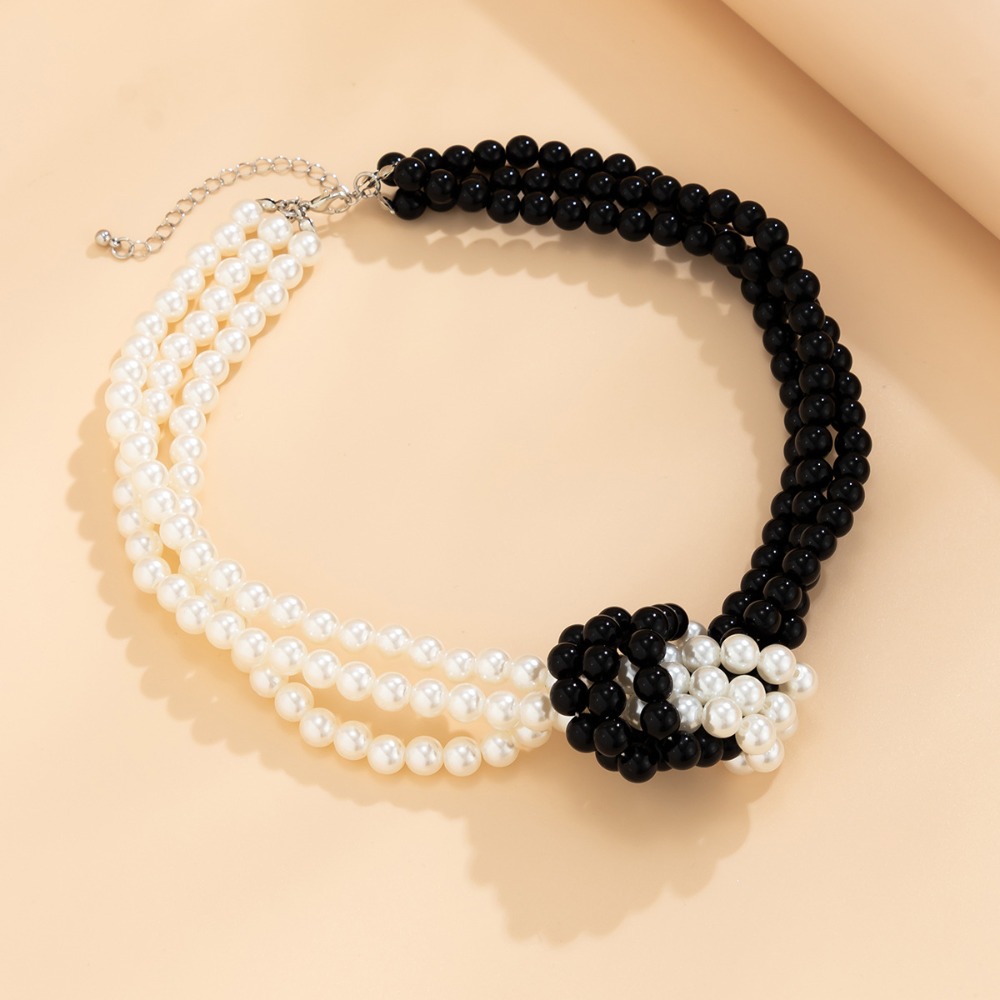 ファッションレトロ黒白ステッチノット多層模造パールビーズネッ - Pearl Choker Necklace Vintage のレビューと価格