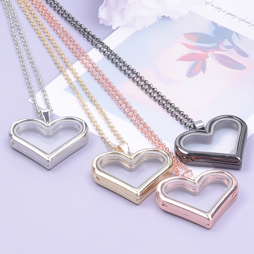 ハート型ガラスメダリオンペンダントネックレス、カップルのメモ - Heart Locket Necklace Photo のレビューと価格