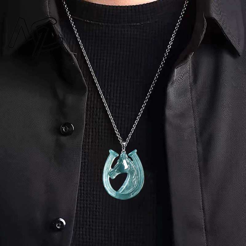 S925シルバー天然ブルーウォータージェイド馬蹄ペンダントネ - Necklaces のレビューと価格