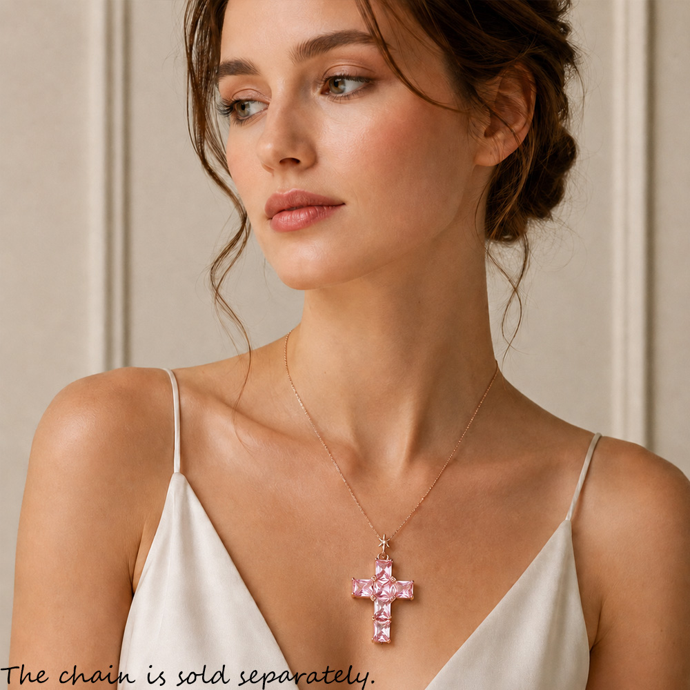 ピンクの石と星の形をしたピンクの金メッキのクロスペンダント, - Cross Pendant Necklace Gold のレビューと価格