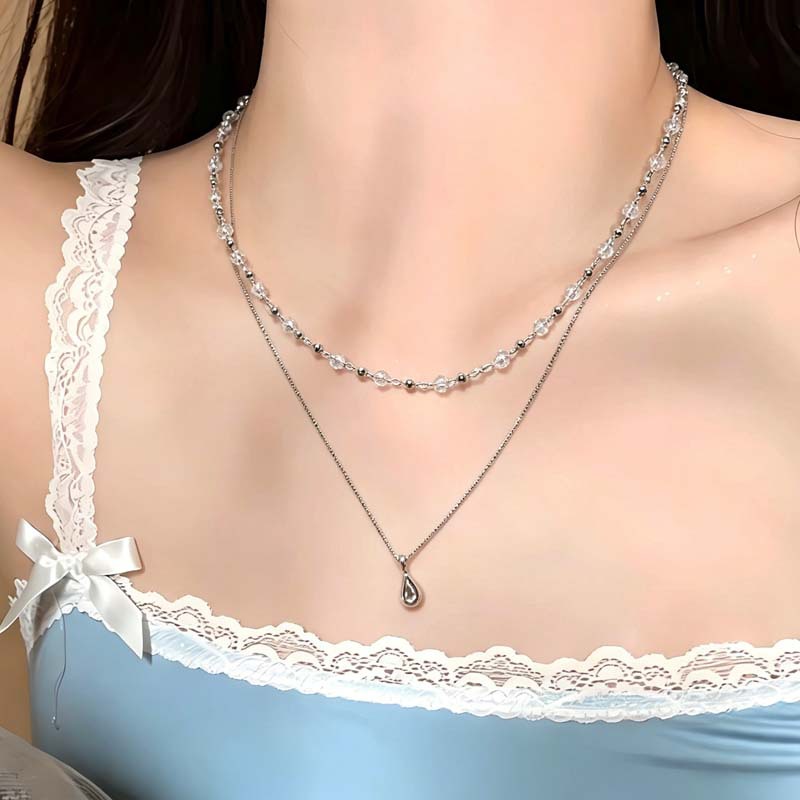 新しいファッション水滴ペンダント二層透明クリスタルチョーカー - Layered Pendant Necklace Aesthetic のレビューと価格