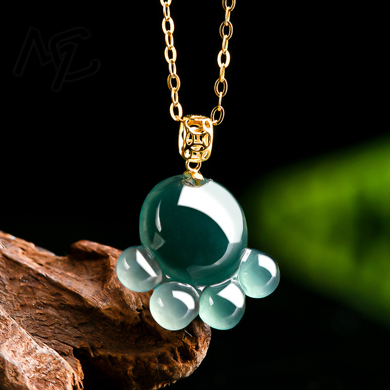 天然本物のエメラルドブルーウォータージェイド猫の足ペンダント - Necklaces のレビューと価格