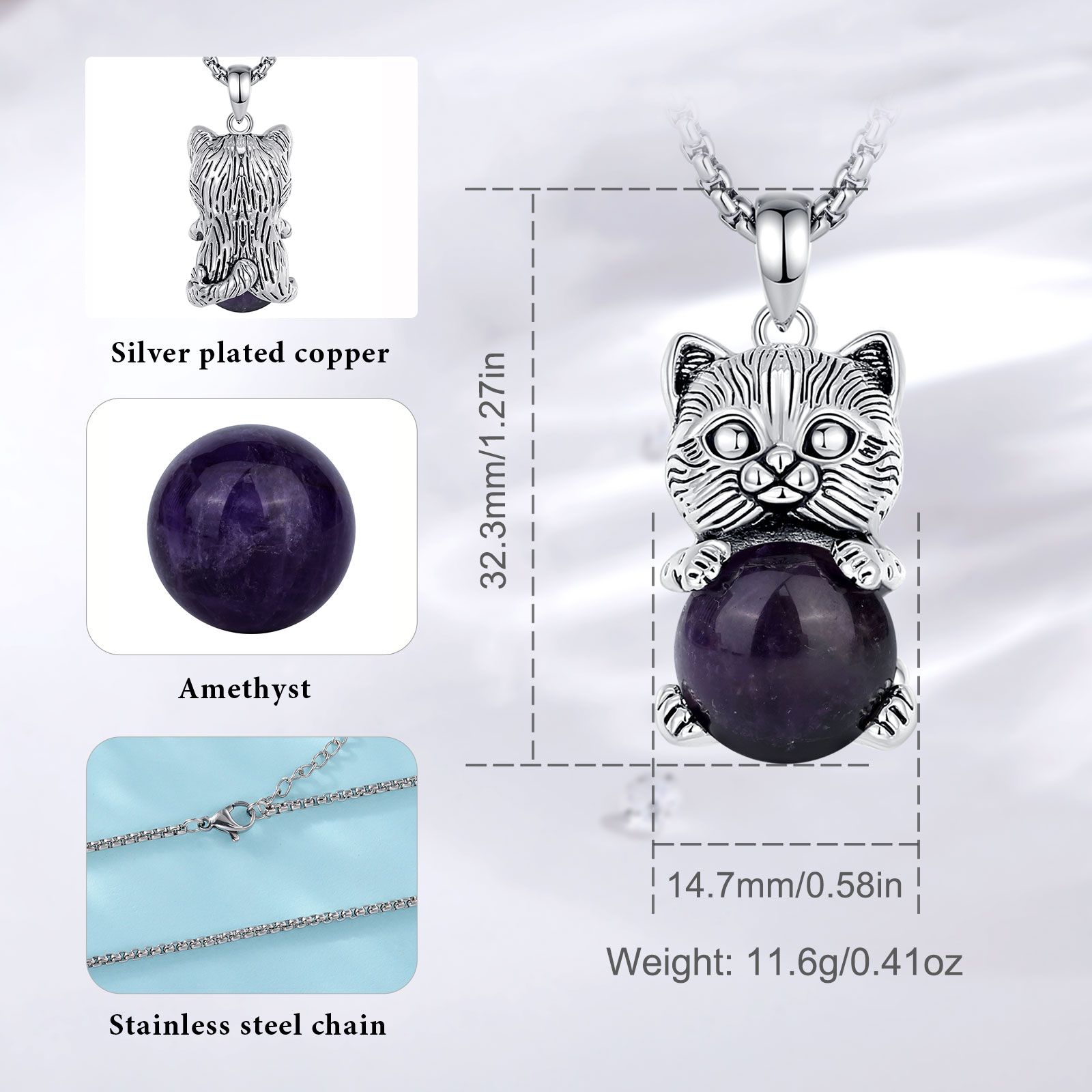 Eudora-男性と女性のためのかわいい猫のアメジストネック - Crystal Pendant Necklace Natural Stone のレビューと価格