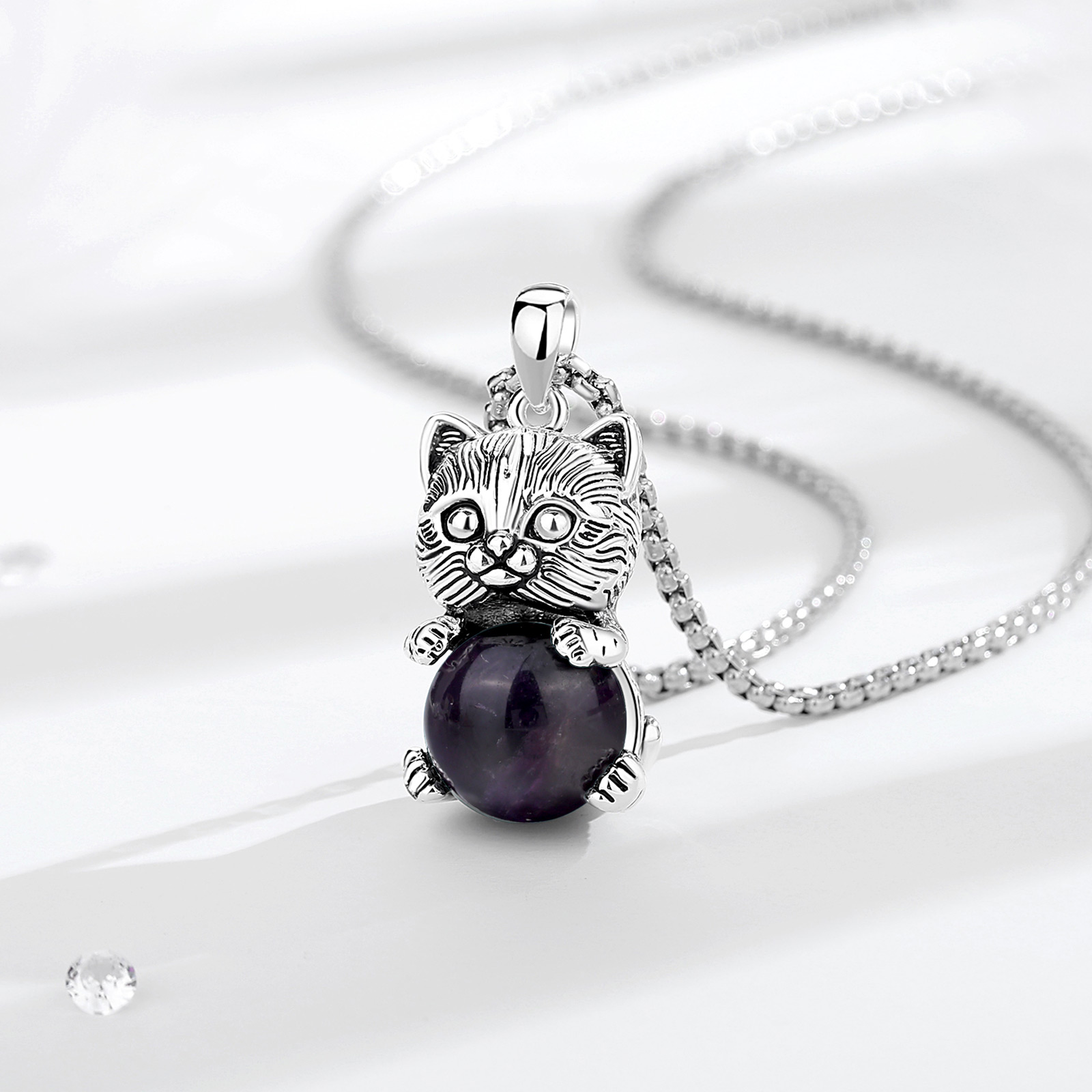 Eudora-男性と女性のためのかわいい猫のアメジストネック - Crystal Pendant Necklace Natural Stone のレビューと価格